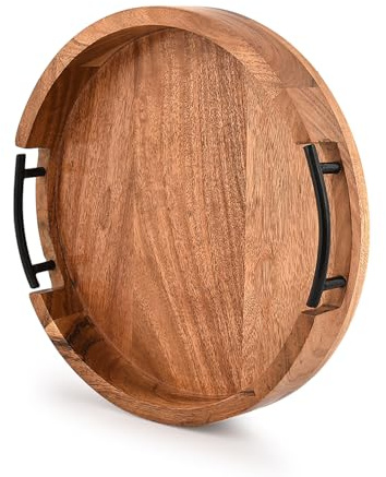 Indus Lifespace Tablett aus Akazienholz, rund, rustikal, Bauernhaus, Holzplatte für Couchtisch, Ottomane, Getränke, Frühstück, mit 2 schwarzen Eisengriffen (30,5 x 30,5 x 4,1 cm)