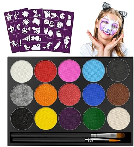 Truccabimbi Kit Anallergici Atossici, 15 Colori Face Painting e Body Painting Colori, Pittura Facciale con 2 Pennelli e 40 Stampini, Trucco Viso Bambini a Base d’Acqua per Feste, Carnevale, Halloween