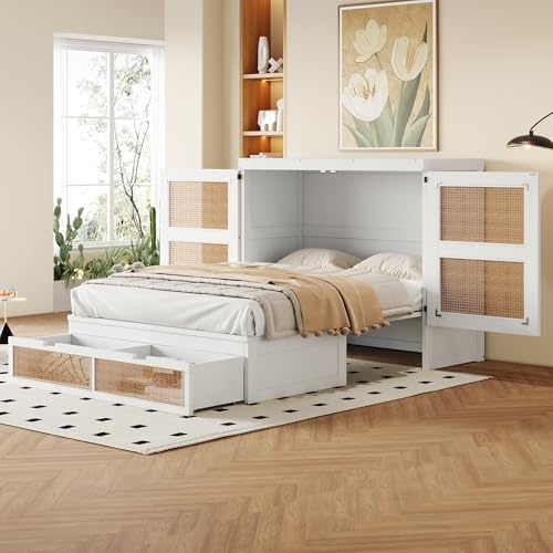 Rosebibi Schrankbett 140x200cm, Wandbett mit Lattenrost, Wandklappbett, vertikales schrankbett mit Lattenrost, mit Stauraumschubladen, Rattan-Design, Holzbetten, Jugendbetten, Einzelbetten (Weiß)