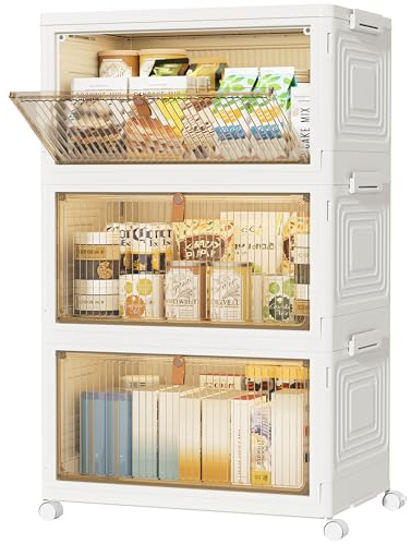 HOMIDEC Scatole Plastica con Coperchio e Ruote, Scatola Portaoggetti Pieghevole, Cassettiera Plastica, 33 L, 3 Unità, Adatto per Riporre Snack, Giocattoli, Libri, Vestiti, Bianco Neve