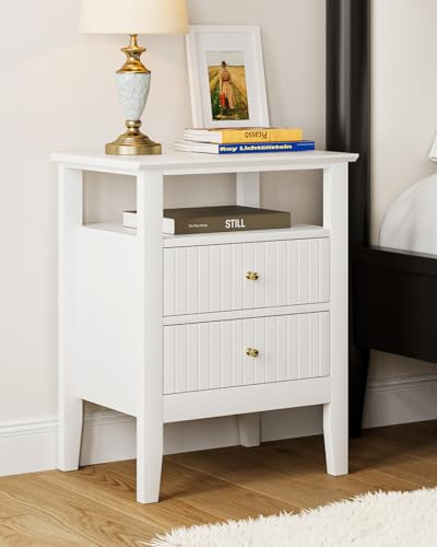 HEYZOEY Nachttisch, Retro Nachtschrank mit 2 Schubladen, Nachttisch, Boho Nachtkommode für Schlafzimmer, Wohnzimmer, Weiß