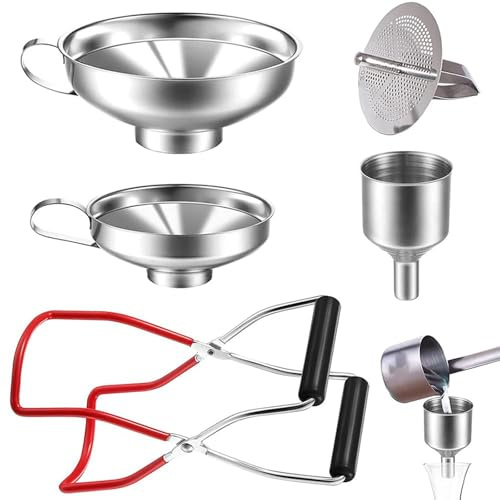 5 Stück Edelstahl Trichterset, Marmeladentrichter, 3 Größen Küchentrichter Set, Küchentrichter, Flaschenklemme, mit Griff, für Marmelade, Einmachen, Öl, Gewürze