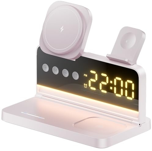 MIOLLYBO 5-in-1 Foldable Magnetischer Wireless Charger Station, 15W Schnellladung, mit Uhr, Wecker & Nachtlicht, Wireless Charger für iPhone, AirPods Pro, Apple Watch