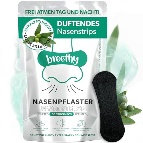 Breethy Nasenpflaster Schwarz mit Eukalyptus duft, 30 Stück Nasenstrips gegen Schnarchen, Dufted Nasenstripes besser Atmen bei verstopfter Nase, Anti Schnarch Nasal Strips, Extra starker Halt