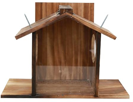 Wilgure Dispenser di cibo per scoiattoli in legno per esterni con finestra in acrilico e coperchio flessibile per un facile accesso al cibo da giardino. Robusto contenitore per scoiattoli