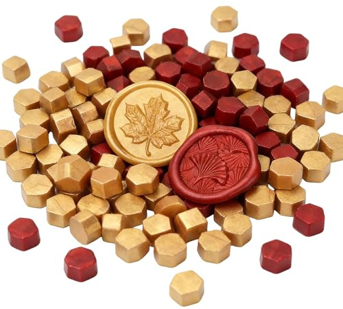 200 Stück Siegelwachs Perlen Set,Siegelwachsperlen für Wachssiegelstempel Achteckiges Siegellack Set für Briefe Umschlag/Einladungen/Karten/Geschenkverpackungen (Rot,Gold)