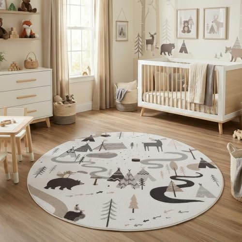 Carpettex Kinderteppich Wald Tiere Spielteppich rund 160 cm für Kinderzimmer in Creme mit Natur Motiv ideal als Spielunterlage