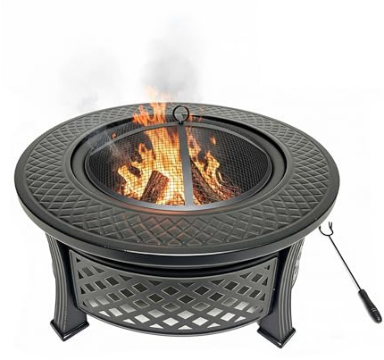 Relaxdays brandskål med Spark Guard och Fire Poker, stål, 55 cm diameter, svart, trädgård och terrass
