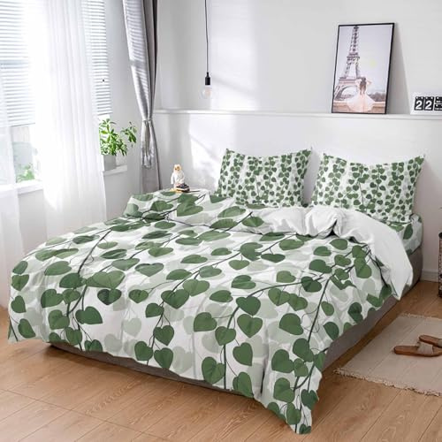 Litter Star Duvet Cover Set-4 Pieces Queen Bedding Sets Spring Plants Ivy,Ultra Soft Microfiber Comforter Cover with Pillow Shams Bed Flat Sheet for Bedroom Decor Green Heartleaf Philodendron