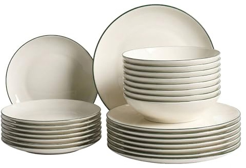 Matservis 24 Delar Porslin med Transparent Glasyr Dekorativ Grön Kant Off-White Cumin