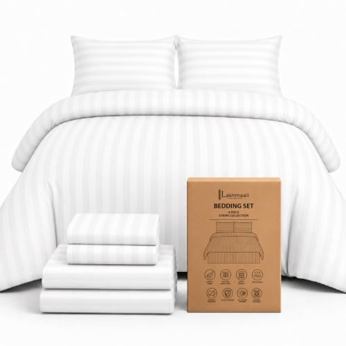 Lakhmaali King Size Duvet Cover Sets - Fitted Sheet, 2 Pillow cases 50x75cm | 4 Pcs Satin bedding set, Luxury Hotel Bedding Quality, Oeko-Tex Certified Soft Brushed Microfiber, White