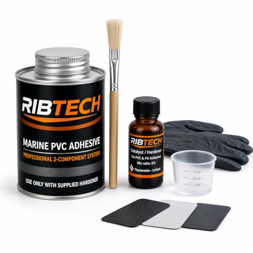 RIBTECH Kit Reparación PVC Profesional – Pegamento PVC 2 Componentes para Zodiac, Paddle Surf, Kayak y Hinchables – Incluye Parches, Pincel, Vaso, Guantes y Toallita (125ml)