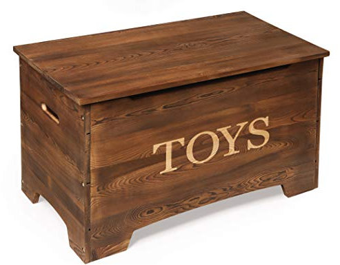 Badger Basket Farmhouse Wooden Toy Box - Rustic Storage Chest for Kids with Reversible Toys Panel, Safety Hinge Lid, Front Slot - Caramel Brown