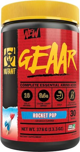 MUTANT GEAAR | 9,4 g EAA-Pulver + Arginin, 7 g BCAAs, 4 g Leucin, Elektrolyte, Kokosnusswasser, ohne künstliche Farb- oder Geschmacksstoffe | 30 Portionen | Rocket Pop