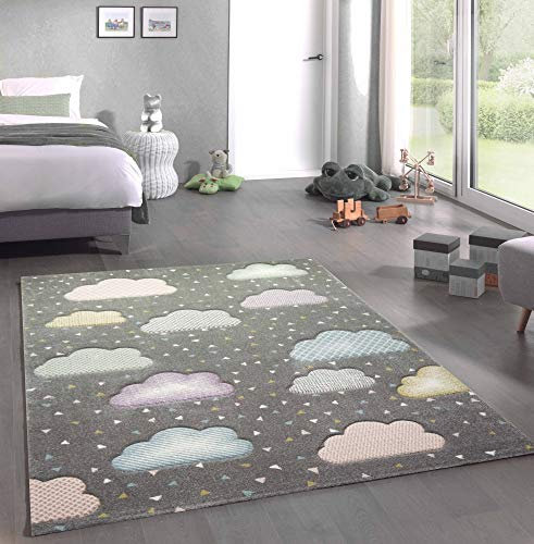 CARPETIA Teppich Kinderzimmer Kinderteppich Wolken grau rosa blau Größe 200 x 290 cm