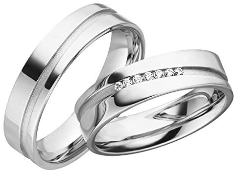 JC Trauringe Silber 925 Paarpreis Eheringe Silber I Edle Verlobungsringe breit 5,5 mm I Partnerringe mit Gravur in edler Schatulle I 2 Hochzeitsringe Herrenring ohne & Damenring mit Steinen I LC132-S