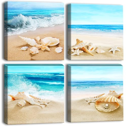 Artscope 4 Pieces Wall Art Canvas Prints - Beach Shells and Sea Picture Painting- Modern Wall Artwork Framed for Bathroom Home Office Decor - 30 x 30 CM