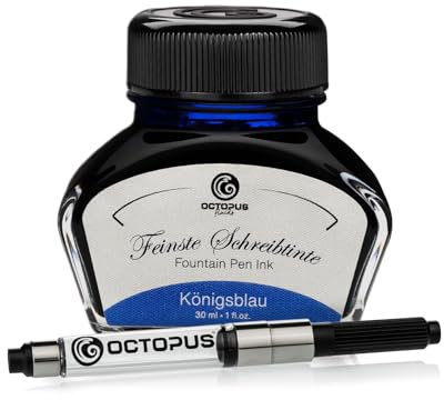 Octopus Fluids Füllhaltertinte im Tintenglas inklusive Konverter, Schreibtinte für Füllhalter, Füllertinte in Königsblau löschbar 30ml mit Tintenkonverter