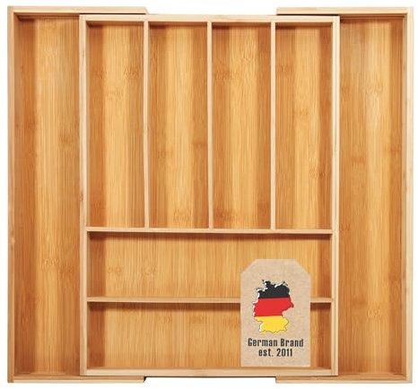 INTIRILIFE Besteckkasten Schubladen Organizer aus Bambus Ausziehbar mit bis zu 8 Fächern -33-50 x 43 x 5 cm- Größenverstellbar, Schubladeneinsatz, Schubladenbox für Besteck Kochutensilien Werkzeug