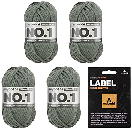 myboshi No.1 Wolle zum Häkeln und Stricken, Schnellstrickgarn, inkl. Label, Strickwolle, Häkelwolle, mulesing-frei, Ll. 55m /50g, 30% Wolle (Merinowolle) Grau (Titangrau), 4 Knäuel