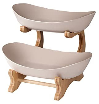 Corbeille a fruits 2 etages, Fruits Corbeilles Céramique Panier à Fruits, Naturel Bambou Support Plateaux de Service pour Gâteaux Fêtes Plat Fruits Dessert, Corbeille table fruits et legumes (Beige)