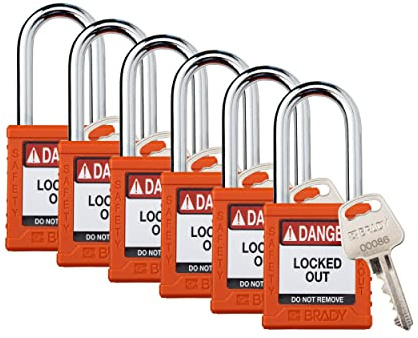 Brady Safety Lockout Padlock Sets - 6 Pack - Orange - Keyed Different Safety Lockout Padlocks - 1 Key Per Lock - SDPL-ORG-38ST-KD6