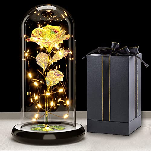 Touloube Geschenke Für Frauen Weihnachten Galaxy Rose Blume Geschenk, Infinity Rose in Glaskuppel, LED-Lichterkette auf der Kristallrose, Einzigartiges Jahrestag und Geburtstag