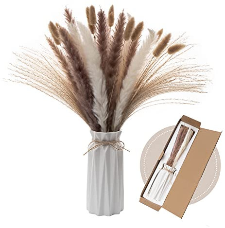 Wemk 44 Stück Pampasgras Getrocknete, Inklusive Vase, Schilfgrasstrauß für Hochzeits-Boho, Heimdekoration, Deko Wohnzimmer, Hochzeitsblumen