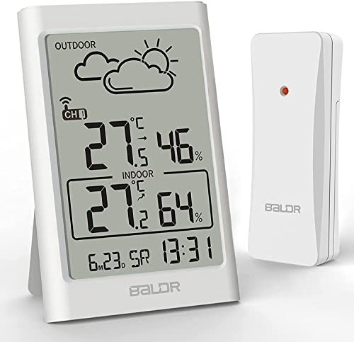BALDR Wetterstation Funk mit Außensensor, Thermometer Hygrometer Digitales Innen Thermo-Hygrometer Digital Luftfeuchtigkeit Messer mit LCD Schirm für Schlafzimmer, Büro, Wohnzimmer (Weiß)