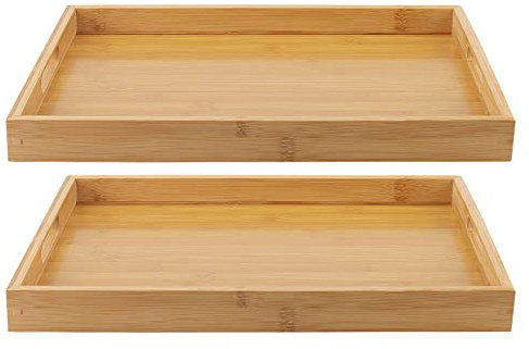 MANCHAP 2 Pack Bamboo Wooden Serving Platter Tray, 38 x 25 x 4cm Rectangular Large Wooden Butler Trays with Handles for Eating, Breakfast, Tea, Coffee