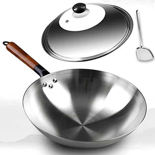 IMPREC Wok Acero Carbono Antiadherente, Wok Chino Wok Artesanal Wok Grande De Acero Al Carbono Martillado A Mano con Tapa Y Espátula For Saltear (Size : 34x11cm)