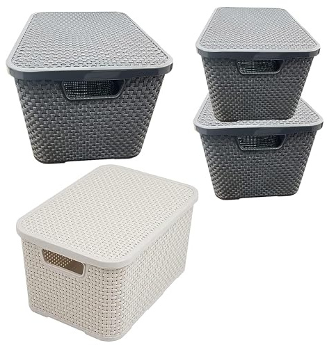STORM TRADING GROUP Rattan Effect Storage Baskets Cream & Grey With Lids | Ideal For Bathroom, Kitchen, Laundry Room, Home & Office Storage Box