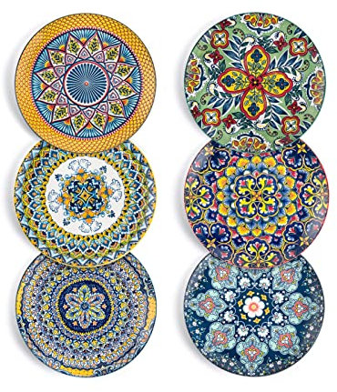 HENXFEN LEAD Plato de ensalada de porcelana, 21 cm Plato de desayuno de colores Plato de postre de cerámica, 6 piezas Juego de plato redondo pequeño con patrón y colorido - Estilo Bohemio