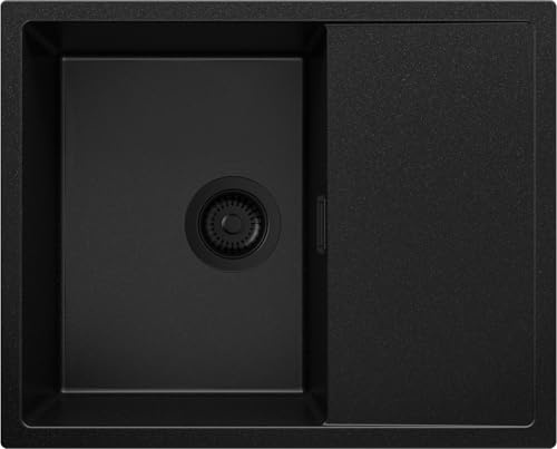 PRIMAGRAN Fregadero Cocina al Mueble 45cm + Kit de desagüe, 62x50cm | Set: Kit de desagüe (sifón, válvula, rebosadero) + Ibiza 1 Seno Granito, Todo Negro
