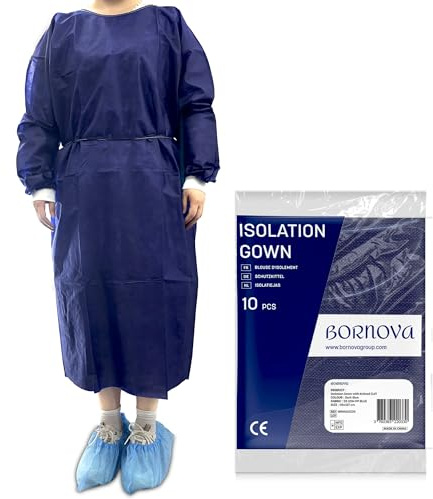 10 Stück - Patientenkittel & Isolationskittel – Einweg-Schutzkittel/Besucherkittel – Krankenhauskittel - Schutzkittel für Pflege – PP-Vlies – Universalgröße – Hellblau – 35 g/m² - BORNOVA