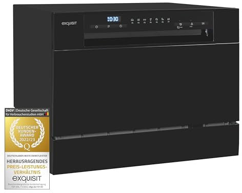 Exquisit® Lavavajillas compacto de 55Cm para sobremesa, Clase D, Color Negro, 6 Servicios, 7 Programas, Inicio Diferido 24H, Consumo 49 kWh / 100 ciclos, Medidas 43,8x55x50 Cm.