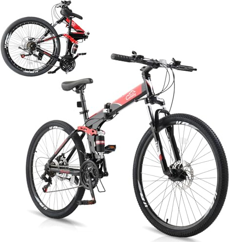 Ktaxon Folding Mountain Bike 21-Speed Adult Bikes 26/27.5 Inch Bike with High Carbon Steel Frame, Double-Kill Disc Brake System, Thickened Shock-Absorbing Front Fork (26 Black)