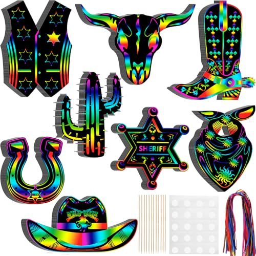 Hungdao 80 Pcs Western Cowboy Scratch Cards for Men Colorful Rainbow Cowboy Scratch Paper Art with Wooden Stylus for Adult Western Theme Birthday Party DIY Activities