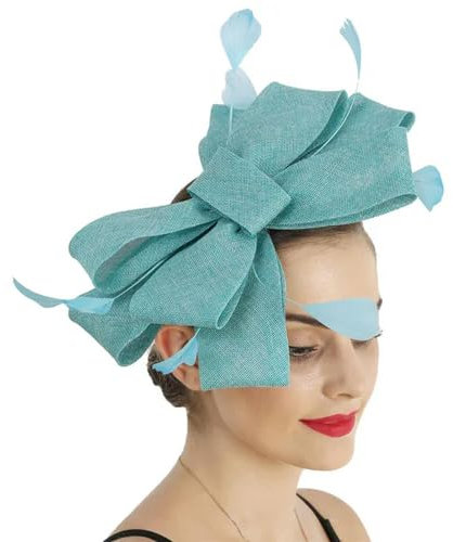 PJQUEKAIPJ Eleganter Damen-Fascinator für Hochzeit, Sinamay, Fascinator, Hut, Feder, Braut, Haarschmuck, Vintage-Kopfschmuck für Damen, türkis, ABOUT 30CM