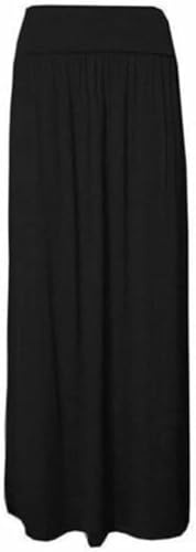 WearAll Ladies Full Length Long Skirts for Women Plus Size High Waist Fold Over Womens Pleated High Waisted Elasticated Plain Gypsy Casual Stretchy Maxi Skirt Black 24-26