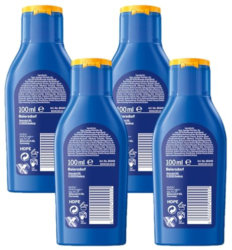 NIVEA SUN Schutz & Pflege Sonnenmilch LSF 30 Reisegröße (100 ml), Sonnencreme für 48h Feuchtigkeit, sofortiger Sonnenschutz mit hochwirksamem UVA/UVB-Filtersystem (Packung mit 4)