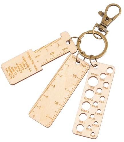 BENECREAT 3Pcs Mini Wooden Gauge Keychains, Knitting Needle Gauge, Yarn Wrap Guide Board, Multifunctional Ruler with Alloy Clasp for Crochet DIY Sewing