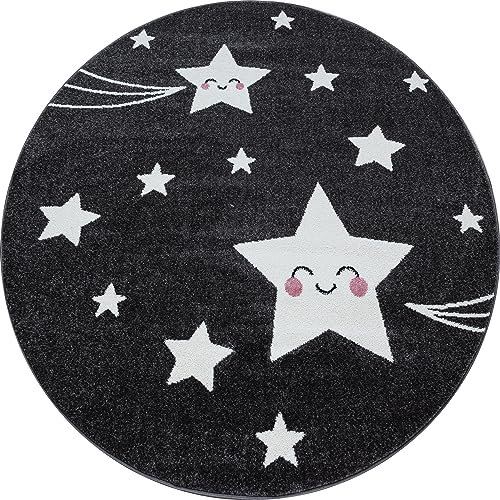 Stilvoll Günstig by ELMM Kinderteppich rund Teppich Kinderzimmer Spielzimmer Grau 120 x 120 Sterne-Design Kurzflor