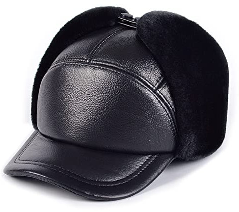 TREWQ Winter Lederhut Mann Leder Mütze Männliche Winterarmee Militär Baseballkappe Hüte schwarz braun für den Outdoor black-55-56cm