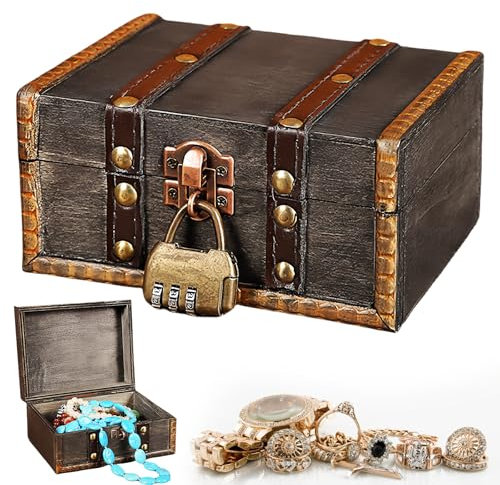 PRITOK Coffre au trésor vintage en bois : coffre au trésor vintage avec serrure à combinaison, boîte à bijoux avec couvercle, pour anniversaire d'enfant, petit coffre au trésor de pirate (15 x 12 x
