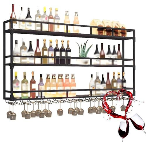 ICEMOB Botellero Vino con Luz LED,Tres Niveles Botellero Pared Metal/Vinotecas,Creatividad Almacenar Botellas/Exhibidor De Vidrio,Muebles Bar para Salon,Negro,200CM