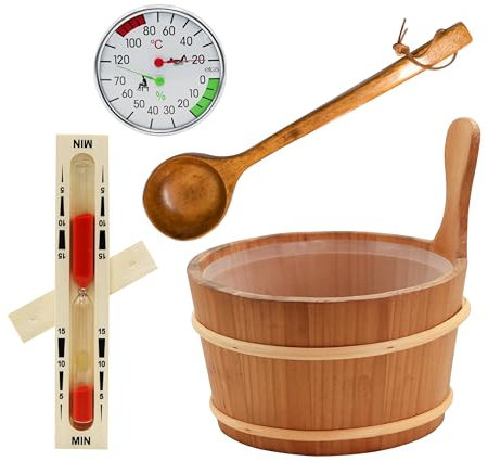 HAF® Saunakübel Set Thermo Espe 4 Liter mit Einsatz, 40cm Saunakelle Komu-Holz, Sanduhr und Klimamesser | Feuchtigkeitsresistenter Aufgusseimer | Hochwertiges Sauna Zubehör | Qualität: Made in Germany