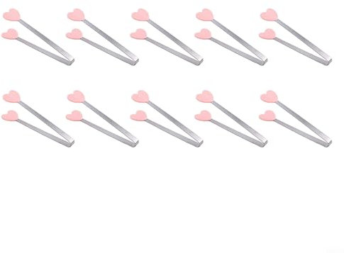 Mini-Lebensmittelzange, herzförmig, Edelstahl, mit Silikonspitzen zum Kochen, Grillen, Grillen, 13,5 cm, Rosa, 10 Stück