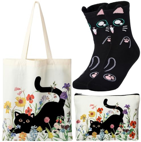ViEinkaufen Katzengeschenke für Frauen, Mädchen, Katzenliebhaber, Tragetasche mit Innentasche zum Einkaufen, Make-up-Tasche und Socken, Dankeschön, Geburtstagsgeschenk für Mutter, Tante, Ehefrau