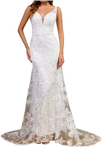 BFSWL Robe de mariée sexy dos nu sirène avec traîne longue serrée en dentelle blanche robe de mariée moulante robe de mariée robe de princesse robe de mariage mode mariée, Blanc., M